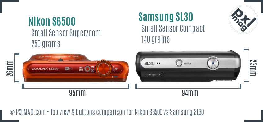 Nikon S6500 vs Samsung SL30 top view buttons comparison