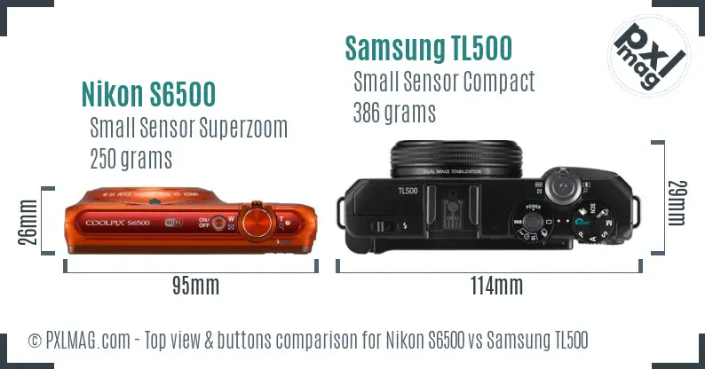 Nikon S6500 vs Samsung TL500 top view buttons comparison