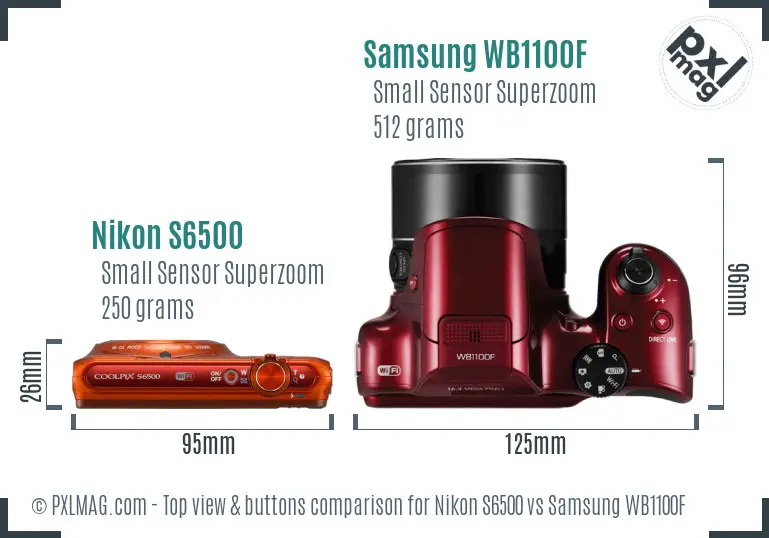 Nikon S6500 vs Samsung WB1100F top view buttons comparison Nikon S6500 vs Samsung WB1100F top view buttons comparison