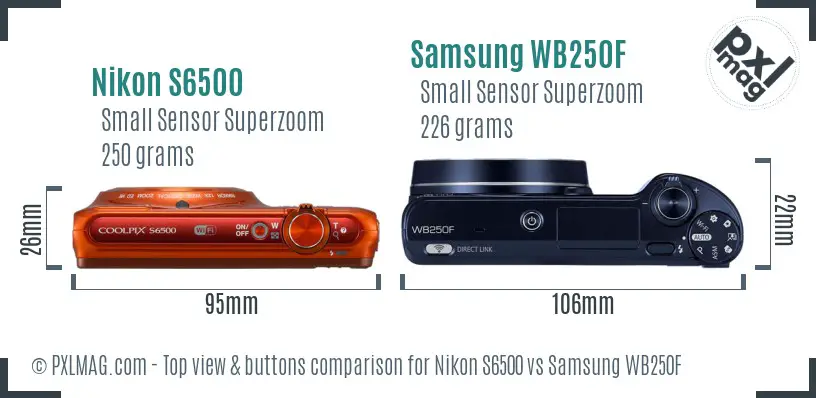 Nikon S6500 vs Samsung WB250F top view buttons comparison