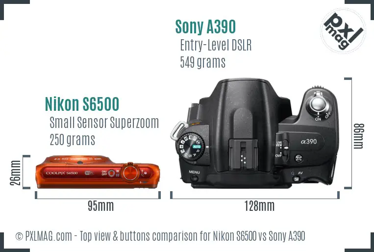 Nikon S6500 vs Sony A390 top view buttons comparison