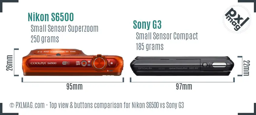 Nikon S6500 vs Sony G3 top view buttons comparison Nikon S6500 vs Sony G3 top view buttons comparison