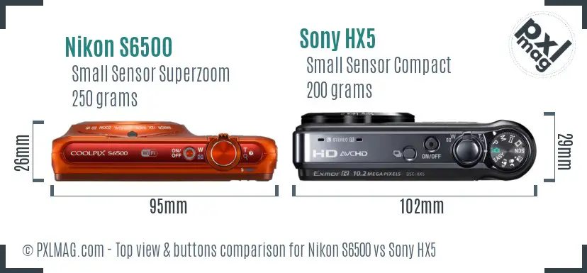 Nikon S6500 vs Sony HX5 top view buttons comparison