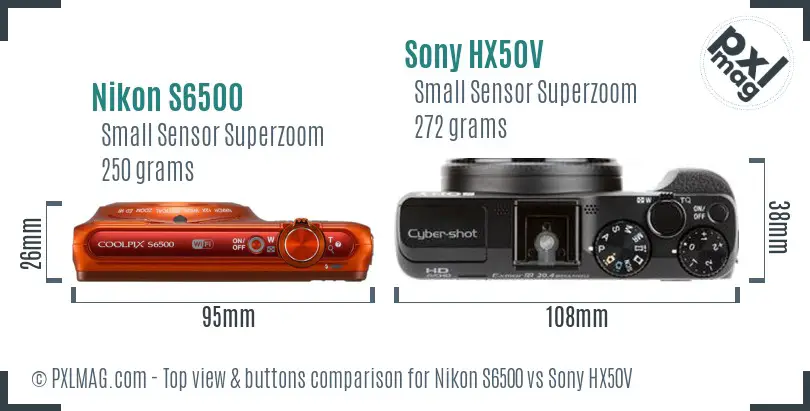 Nikon S6500 vs Sony HX50V top view buttons comparison