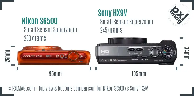 Nikon S6500 vs Sony HX9V top view buttons comparison