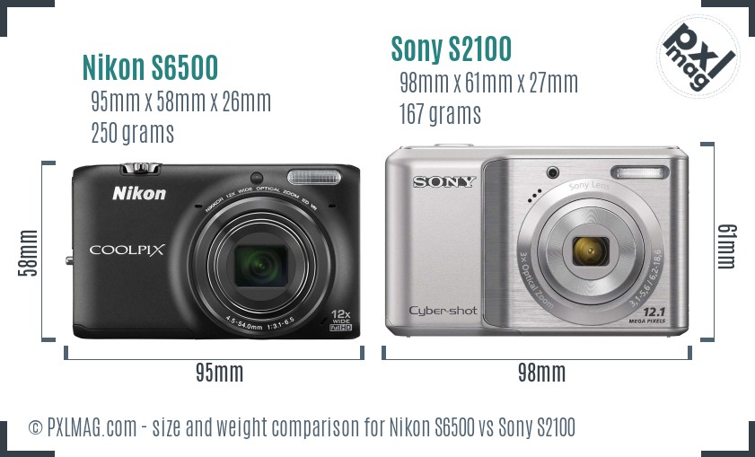 Nikon S6500 vs Sony S2100 size comparison