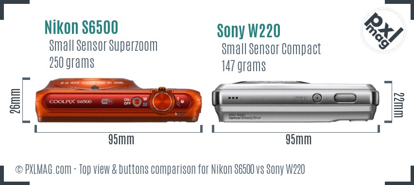 Nikon S6500 vs Sony W220 top view buttons comparison