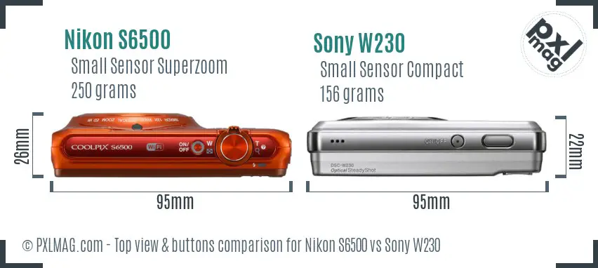 Nikon S6500 vs Sony W230 top view buttons comparison Nikon S6500 vs Sony W230 top view buttons comparison