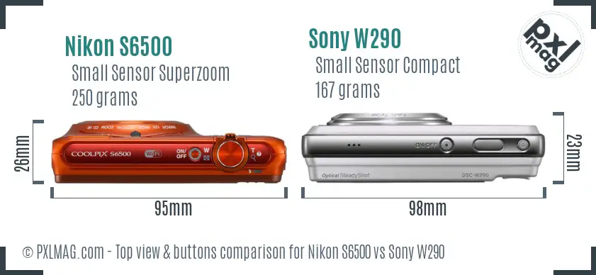 Nikon S6500 vs Sony W290 top view buttons comparison