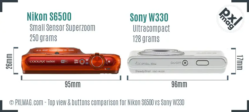 Nikon S6500 vs Sony W330 top view buttons comparison