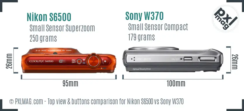 Nikon S6500 vs Sony W370 top view buttons comparison