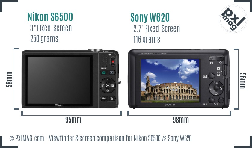 Nikon S6500 vs Sony W620 Screen and Viewfinder comparison