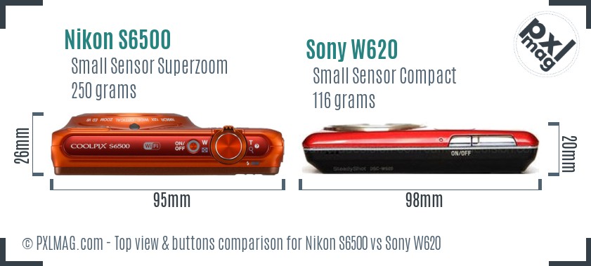 Nikon S6500 vs Sony W620 top view buttons comparison
