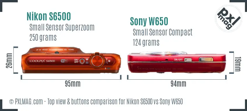Nikon S6500 vs Sony W650 top view buttons comparison