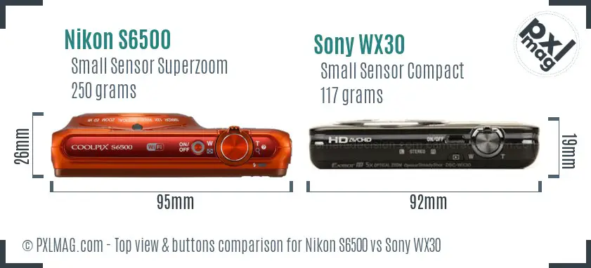 Nikon S6500 vs Sony WX30 top view buttons comparison