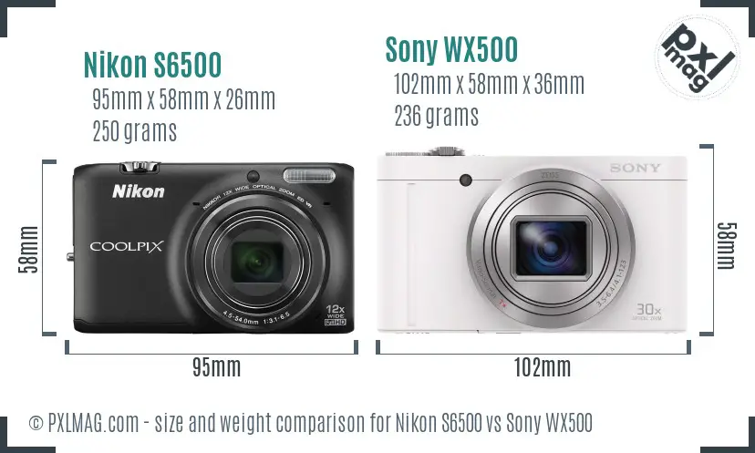 Nikon S6500 vs Sony WX500 size comparison