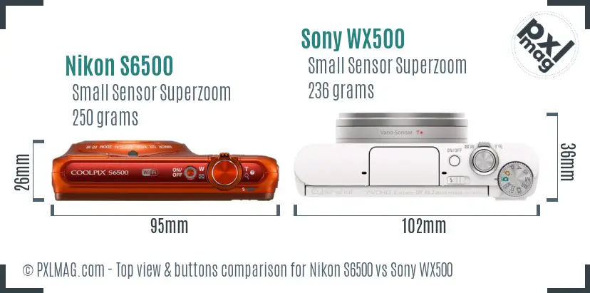 Nikon S6500 vs Sony WX500 top view buttons comparison