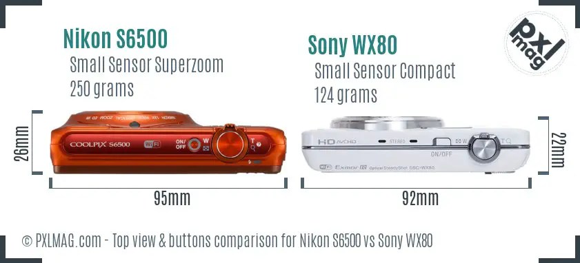 Nikon S6500 vs Sony WX80 top view buttons comparison