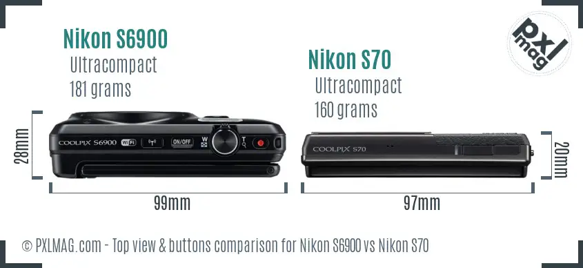 Nikon S6900 vs Nikon S70 top view buttons comparison