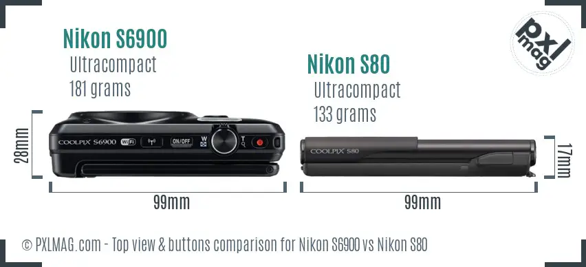 Nikon S6900 vs Nikon S80 top view buttons comparison