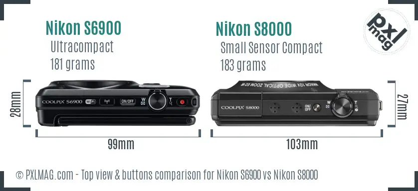 Nikon S6900 vs Nikon S8000 top view buttons comparison Nikon S6900 vs Nikon S8000 top view buttons comparison