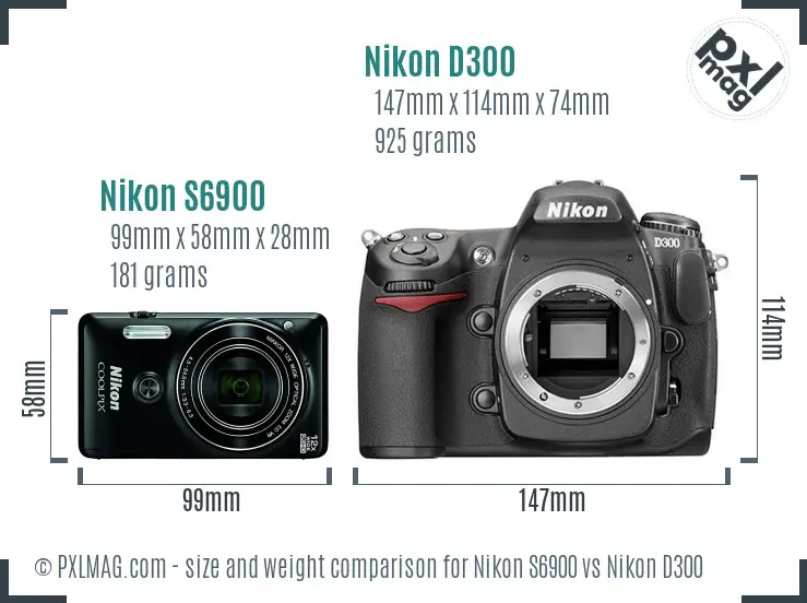 Nikon S6900 vs Nikon D300 size comparison