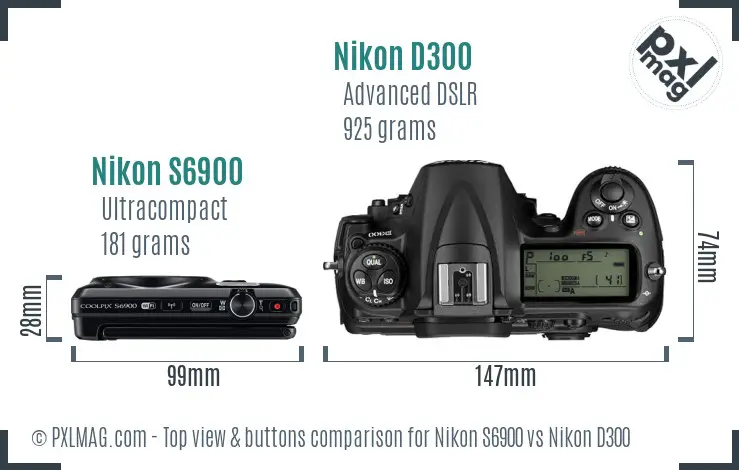 Nikon S6900 vs Nikon D300 top view buttons comparison