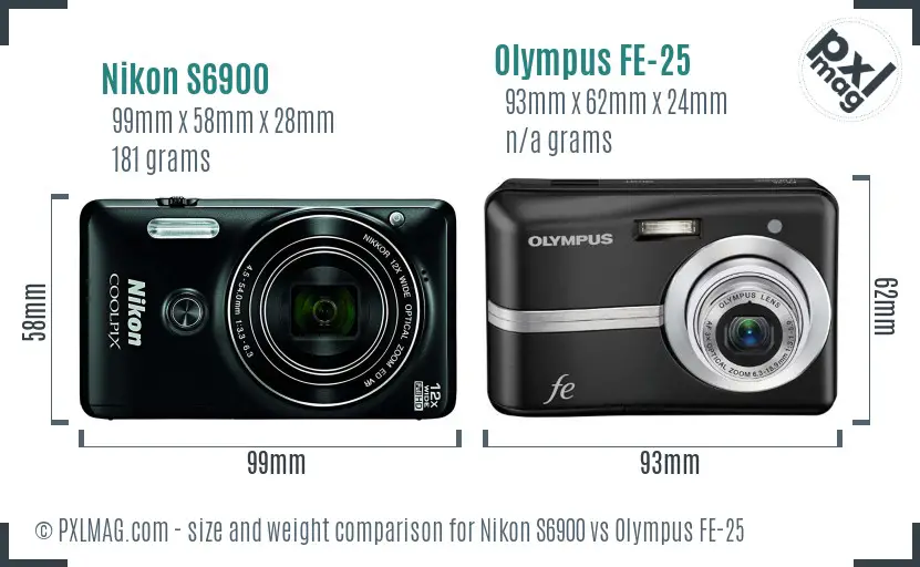 Nikon S6900 vs Olympus FE-25 size comparison