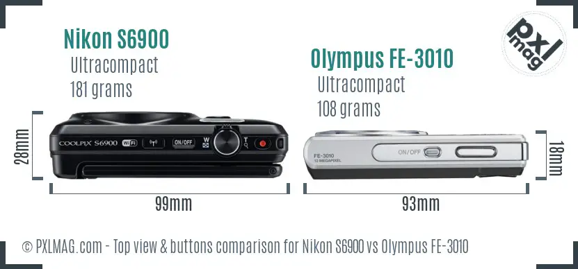 Nikon S6900 vs Olympus FE-3010 top view buttons comparison