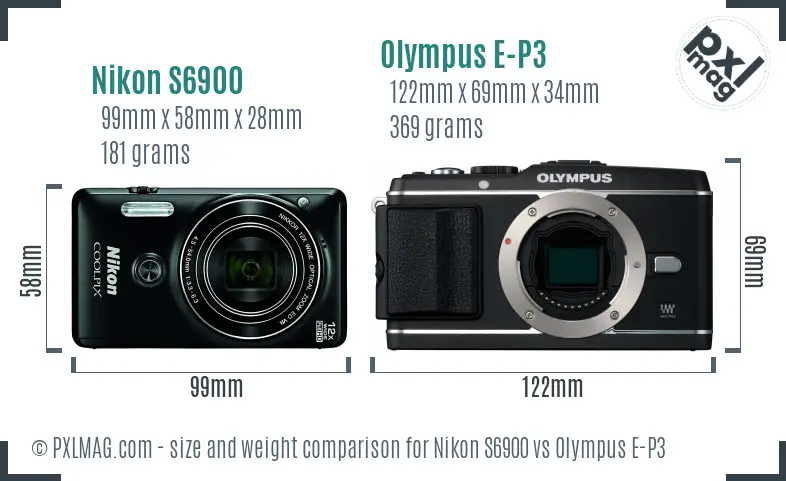 Nikon S6900 vs Olympus E-P3 size comparison