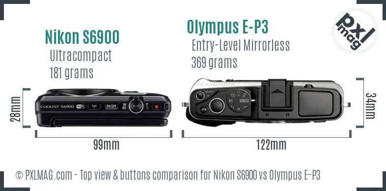 Nikon S6900 vs Olympus E-P3 top view buttons comparison