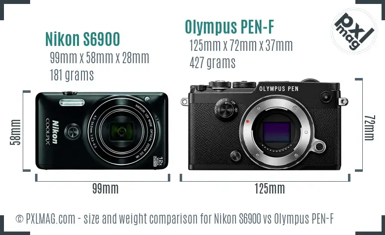 Nikon S6900 vs Olympus PEN-F size comparison