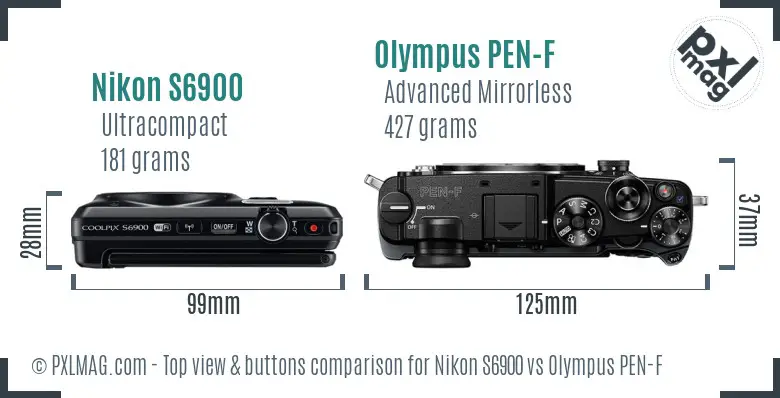 Nikon S6900 vs Olympus PEN-F top view buttons comparison