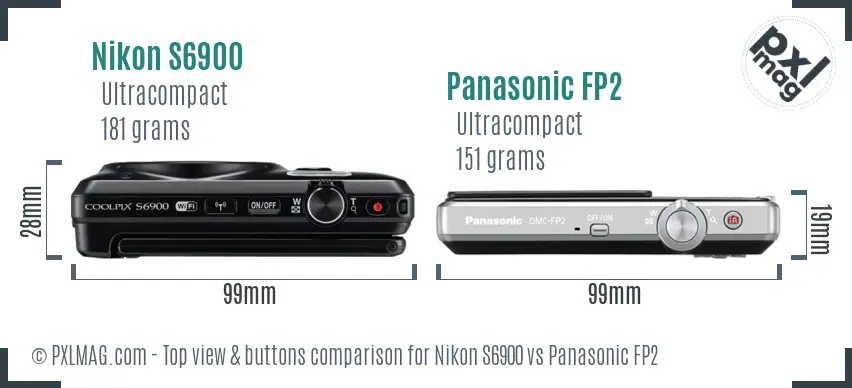 Nikon S6900 vs Panasonic FP2 top view buttons comparison