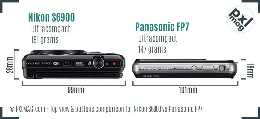 Nikon S6900 vs Panasonic FP7 top view buttons comparison Nikon S6900 vs Panasonic FP7 top view buttons comparison