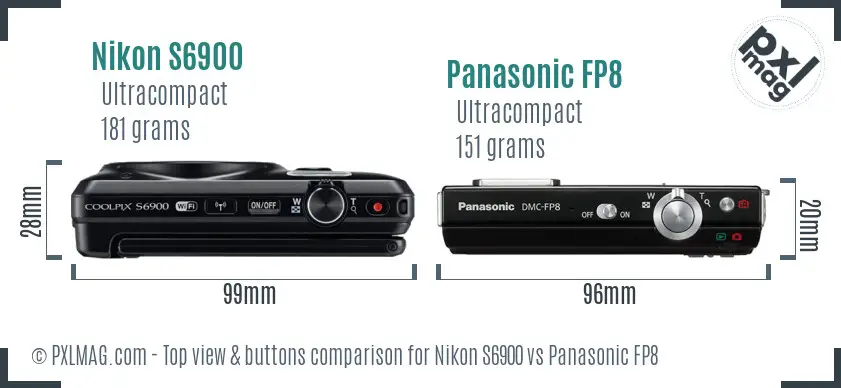 Nikon S6900 vs Panasonic FP8 top view buttons comparison Nikon S6900 vs Panasonic FP8 top view buttons comparison
