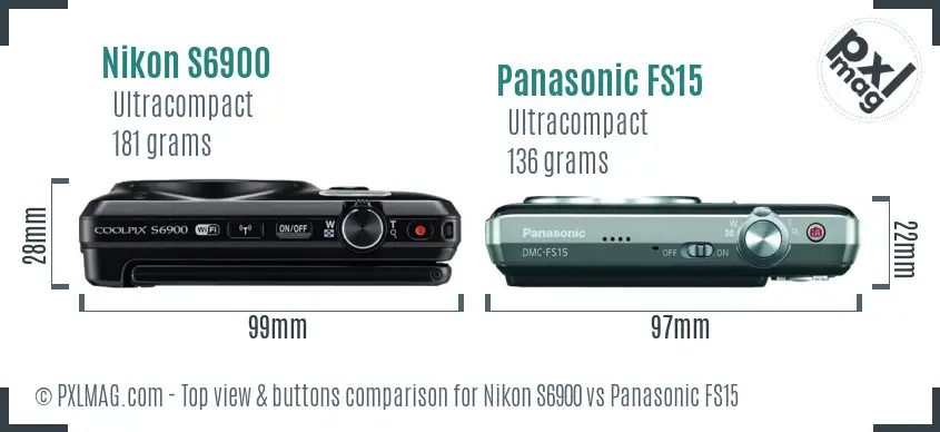 Nikon S6900 vs Panasonic FS15 top view buttons comparison