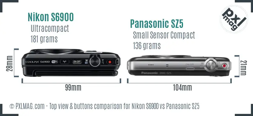 Nikon S6900 vs Panasonic SZ5 top view buttons comparison