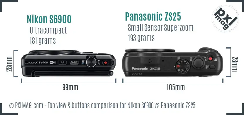 Nikon S6900 vs Panasonic ZS25 top view buttons comparison