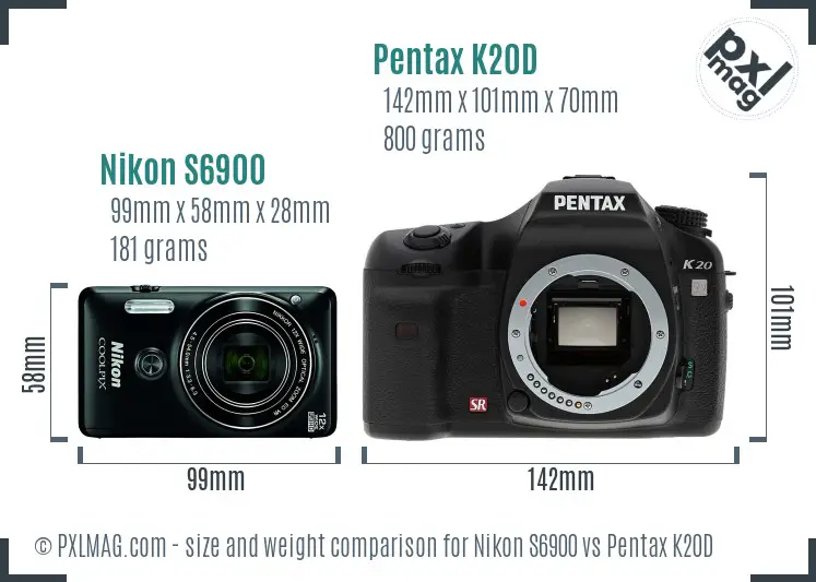 Nikon S6900 vs Pentax K20D size comparison