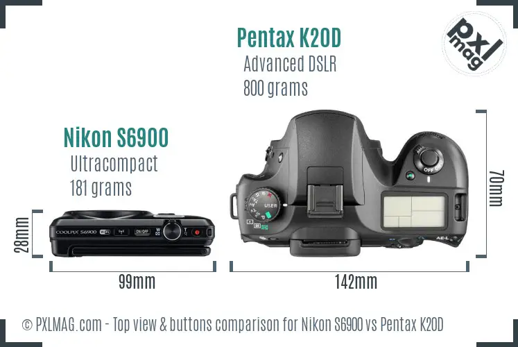 Nikon S6900 vs Pentax K20D top view buttons comparison