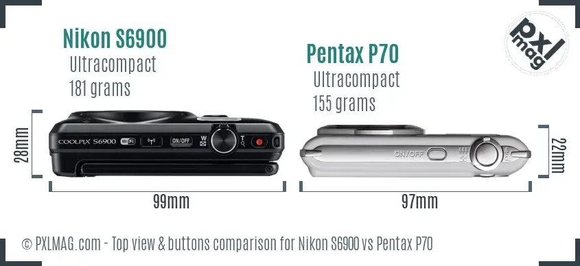 Nikon S6900 vs Pentax P70 top view buttons comparison