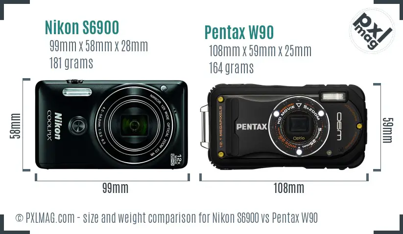 Nikon S6900 vs Pentax W90 size comparison