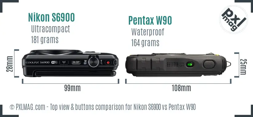 Nikon S6900 vs Pentax W90 top view buttons comparison