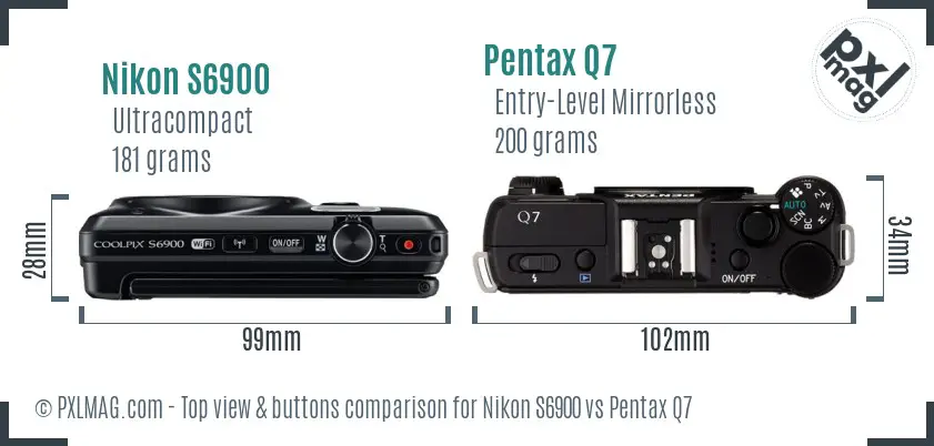 Nikon S6900 vs Pentax Q7 top view buttons comparison