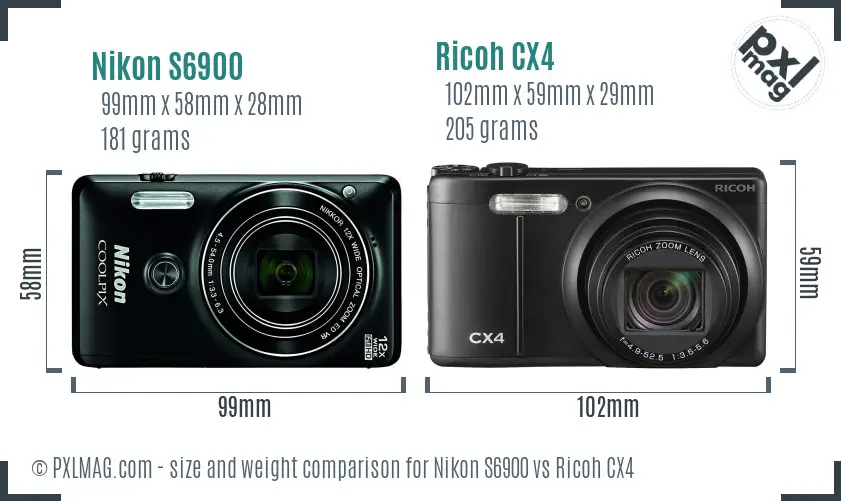 Nikon S6900 vs Ricoh CX4 size comparison