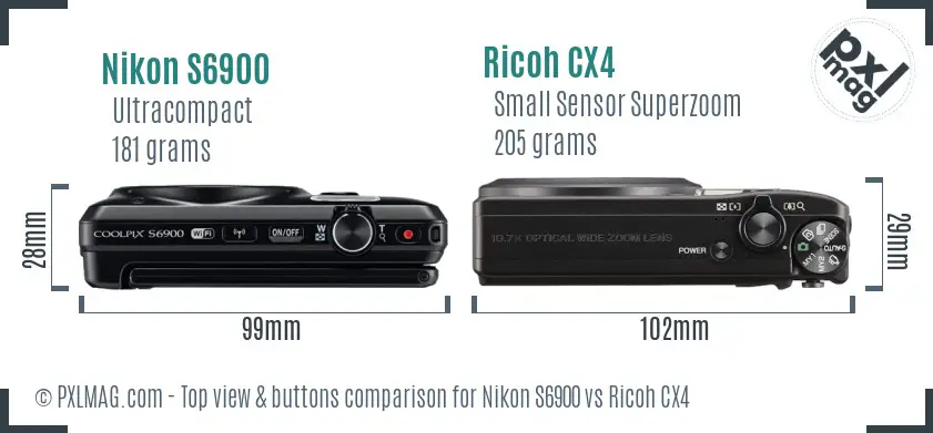 Nikon S6900 vs Ricoh CX4 top view buttons comparison