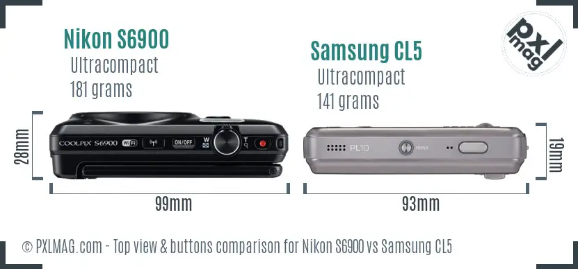 Nikon S6900 vs Samsung CL5 top view buttons comparison