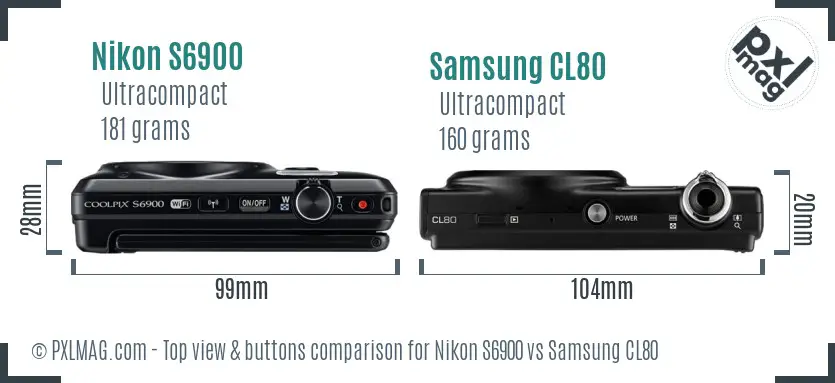 Nikon S6900 vs Samsung CL80 top view buttons comparison Nikon S6900 vs Samsung CL80 top view buttons comparison