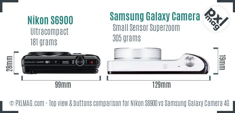 Nikon S6900 vs Samsung Galaxy Camera 4G top view buttons comparison Nikon S6900 vs Samsung Galaxy Camera 4G top view buttons comparison